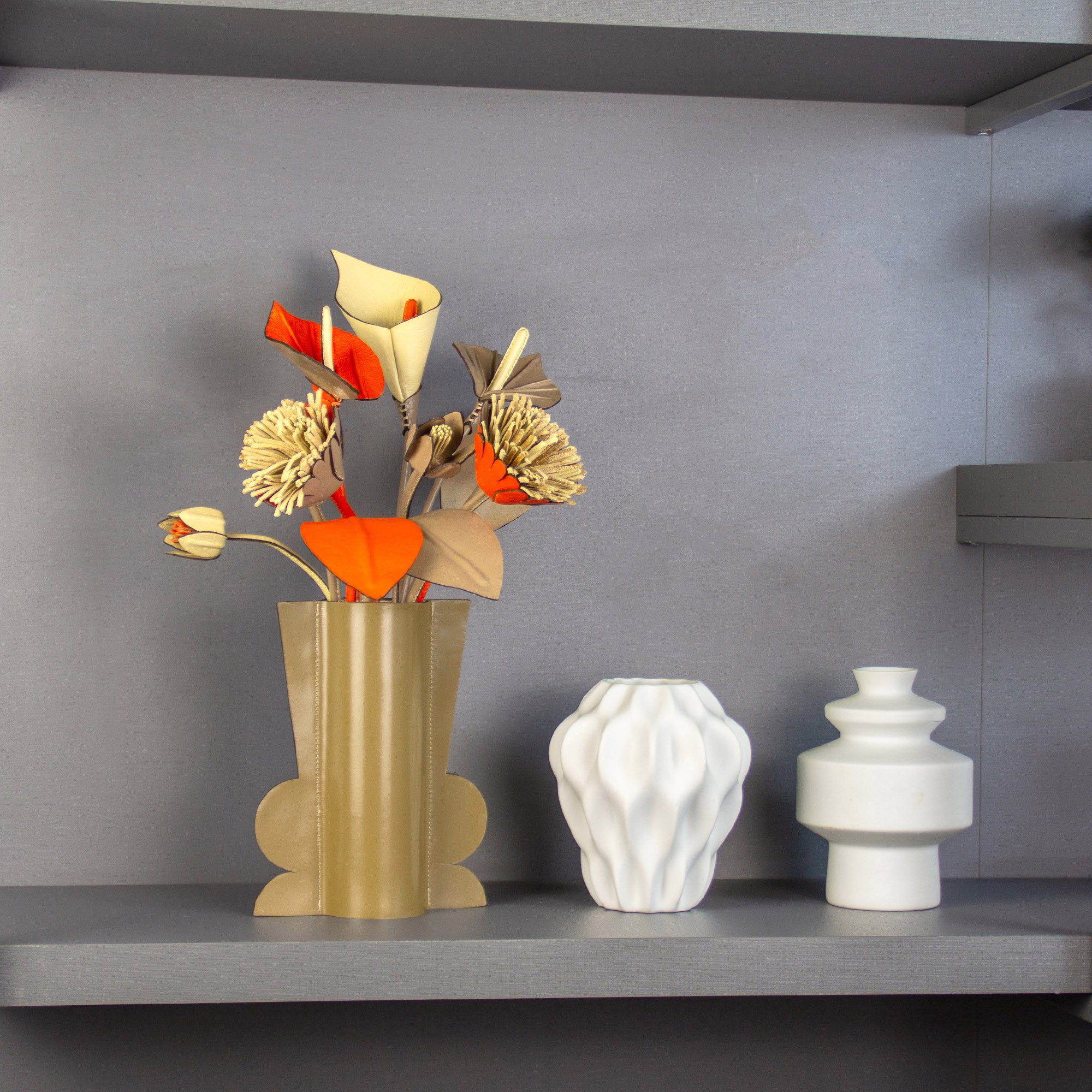 Floral Arrangement in Cream and Ochre Leather