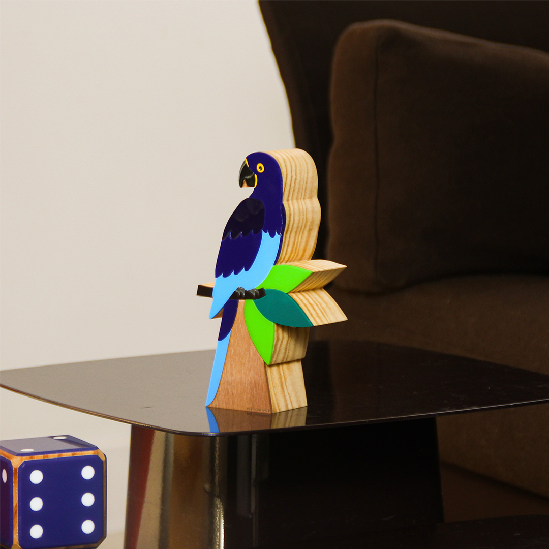 Blue Macaw Wood Sculpture by Patricia Maranhão