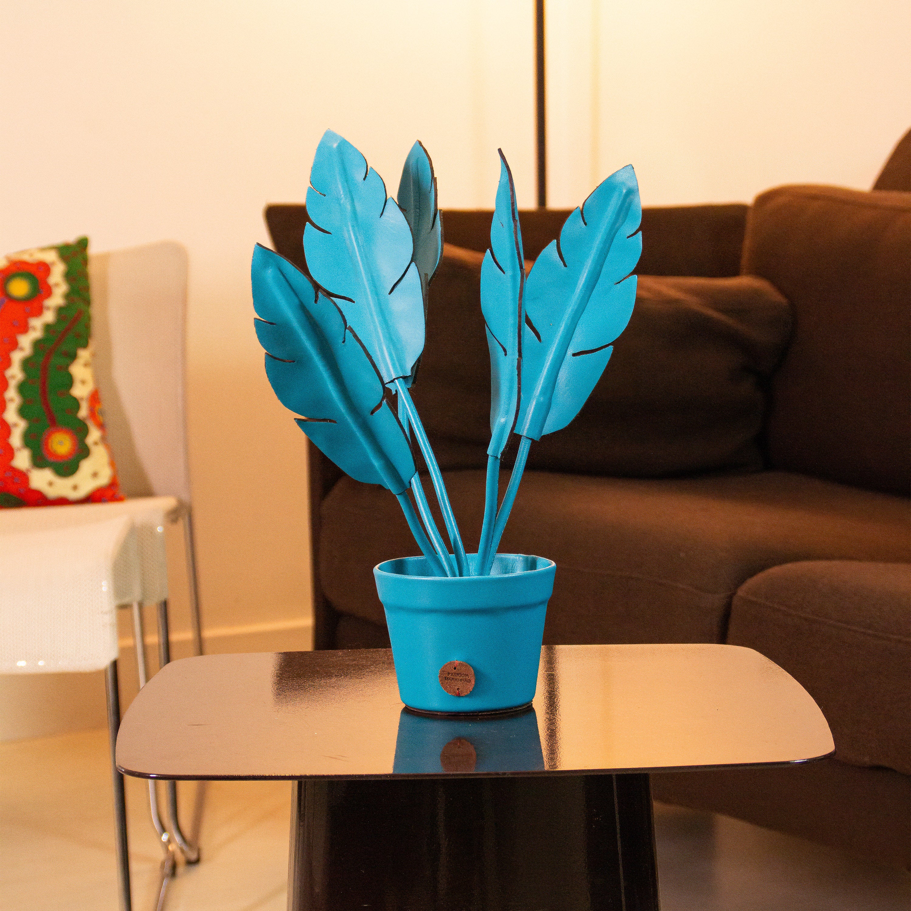 Turquoise Banana Plant Pot in Leather by Patrícia Maranhão