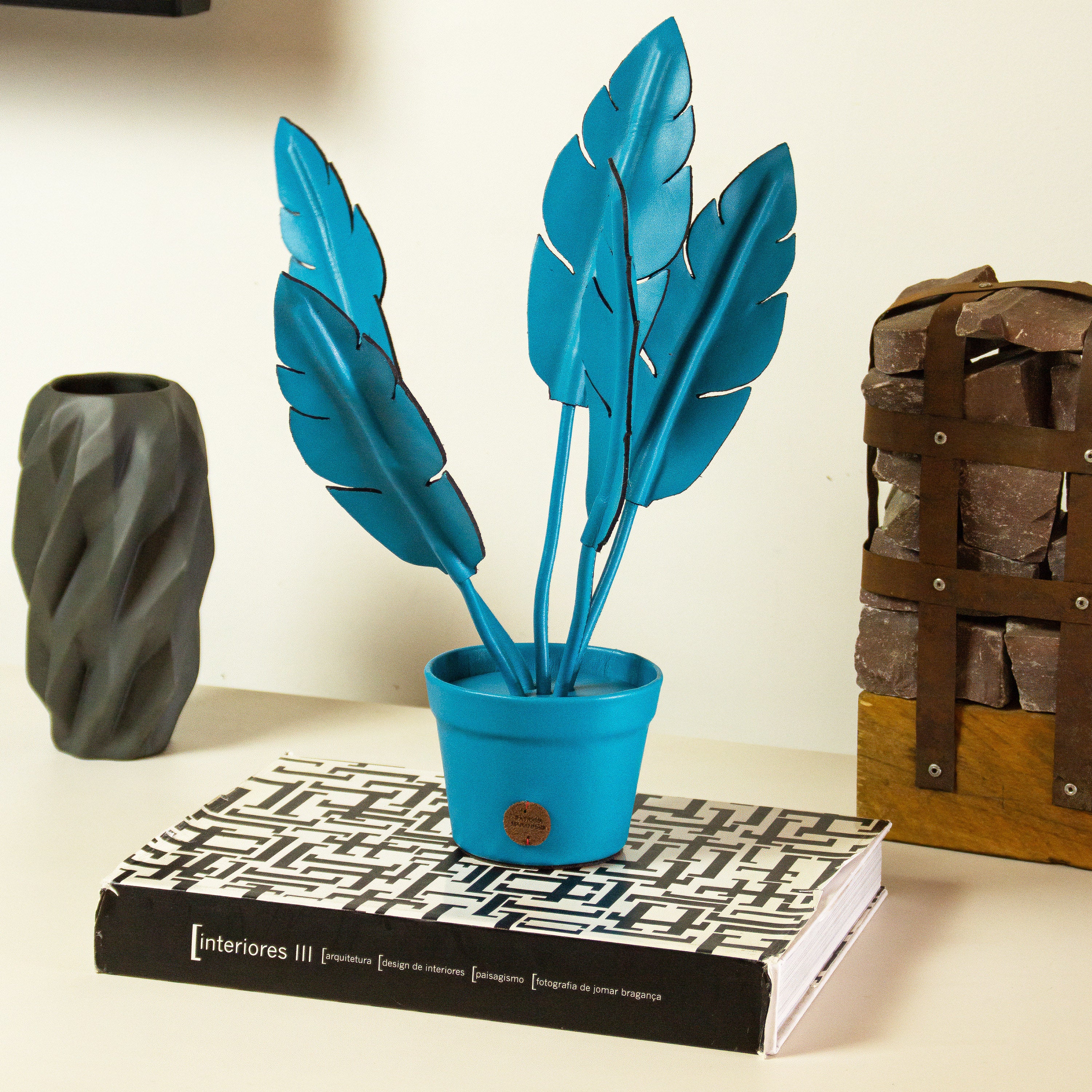 Turquoise Banana Plant Pot in Leather by Patrícia Maranhão