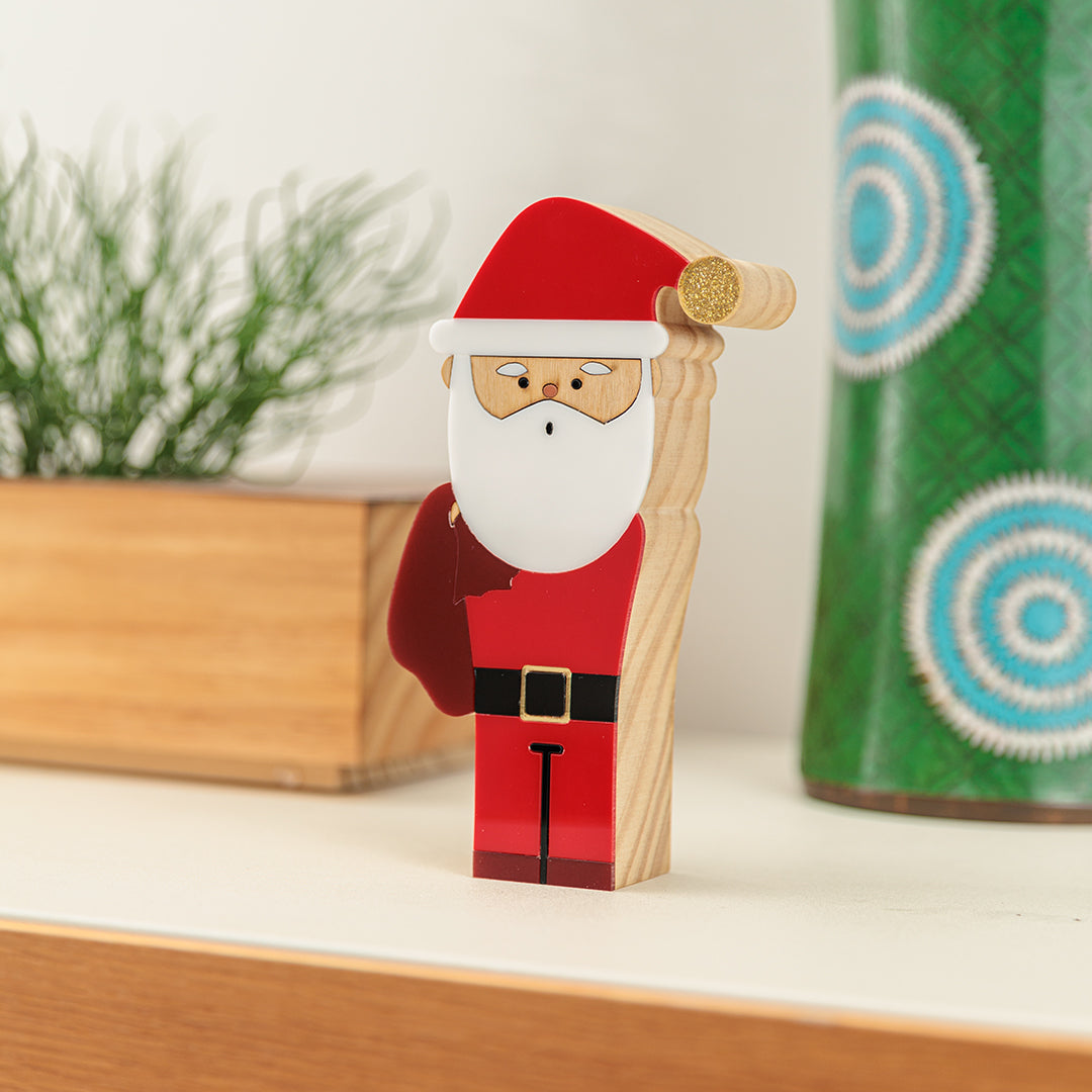 Papai Noel Kokeshi Escultura em Madeira