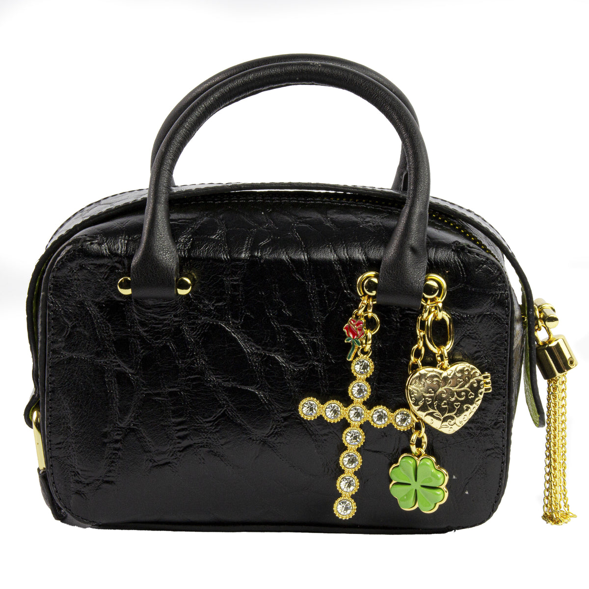 Gisele Tunisia Clutch Bag Black and Lime Cross and Heart