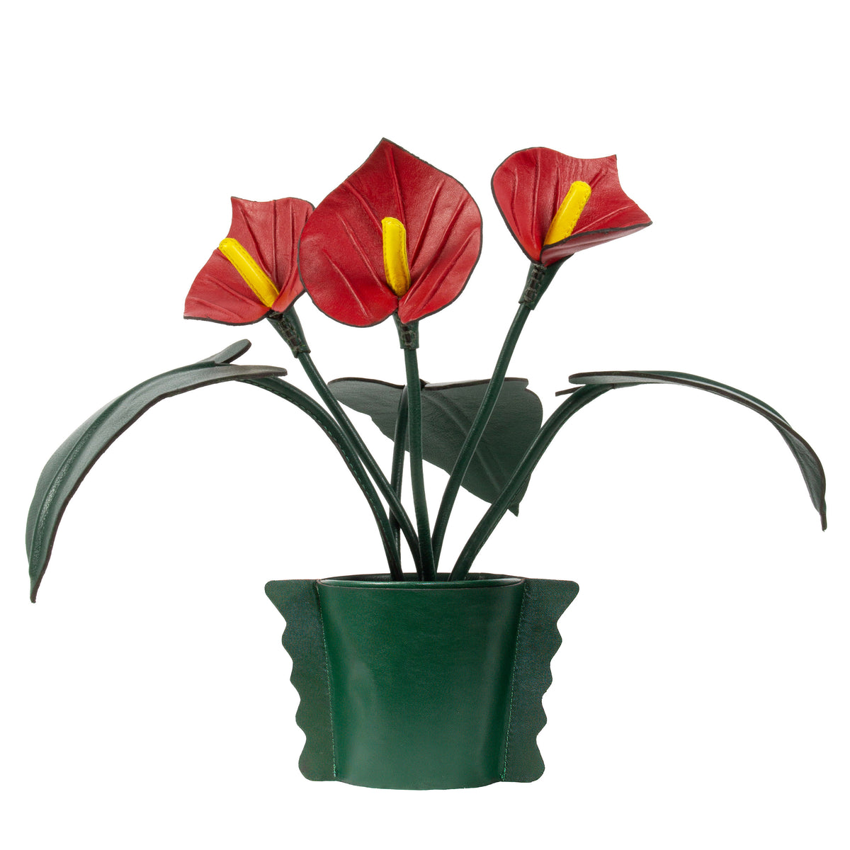 Vaso Antúrio de couro vermelho Patrícia Maranhão, escultura botânica decorativa
