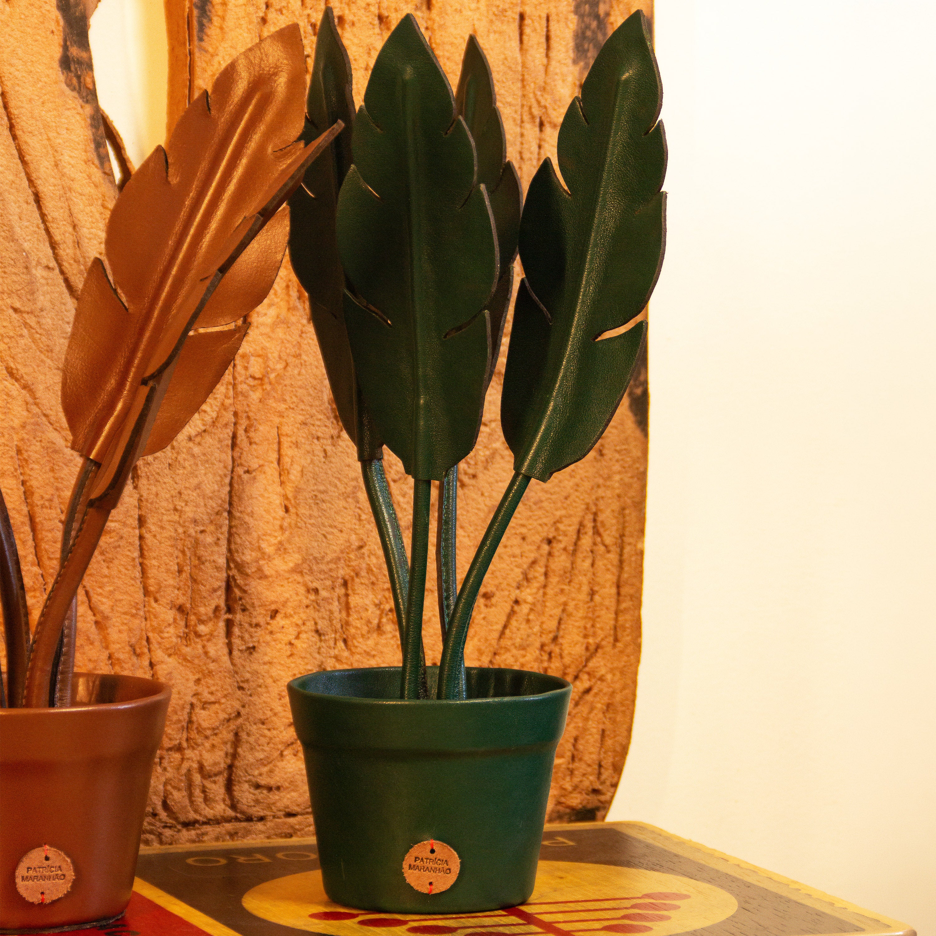 Green Banana Plant Pot in Leather by Patrícia Maranhão
