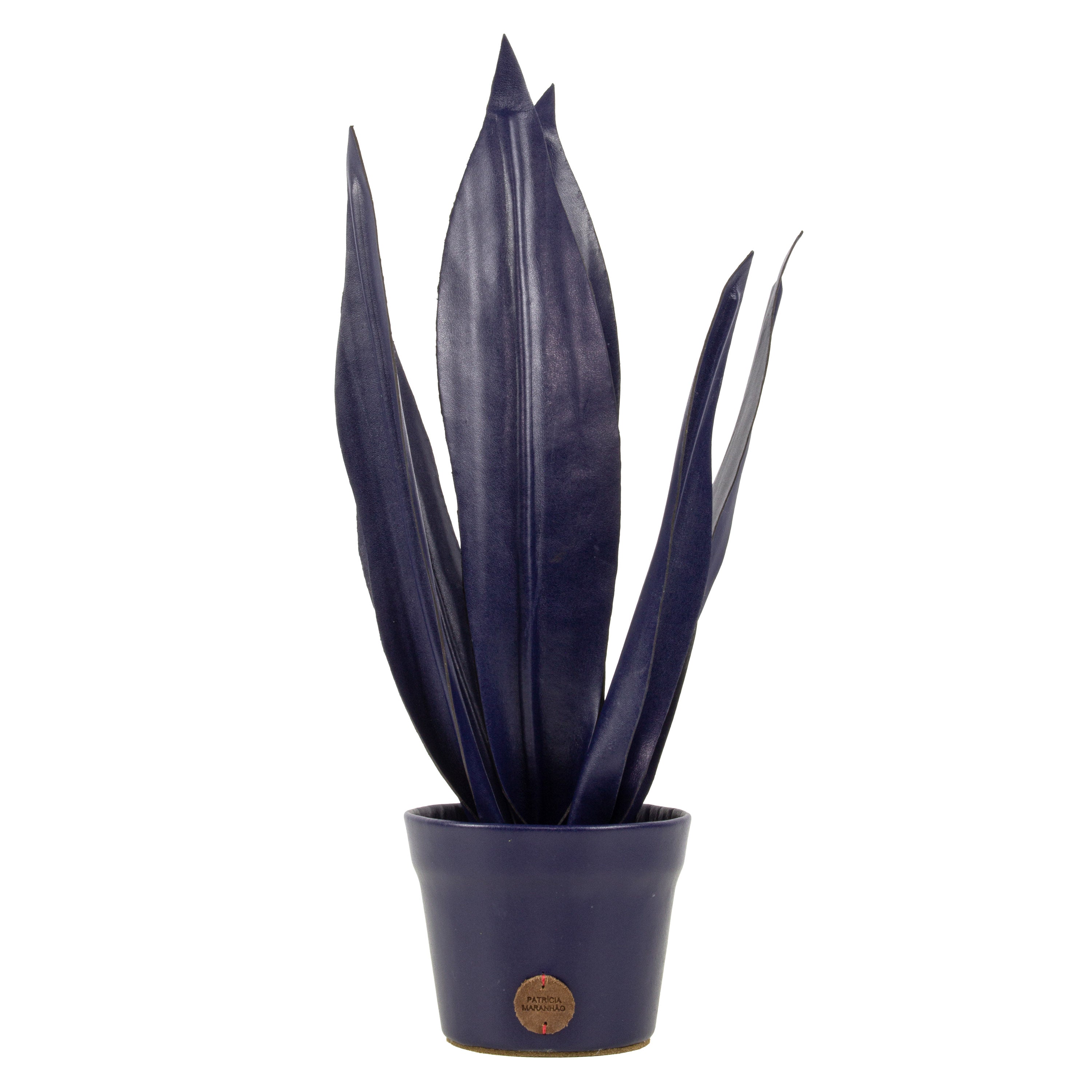 Vaso de Planta Espada de São Jorge Azul Naval em Couro Patrícia Maranhão