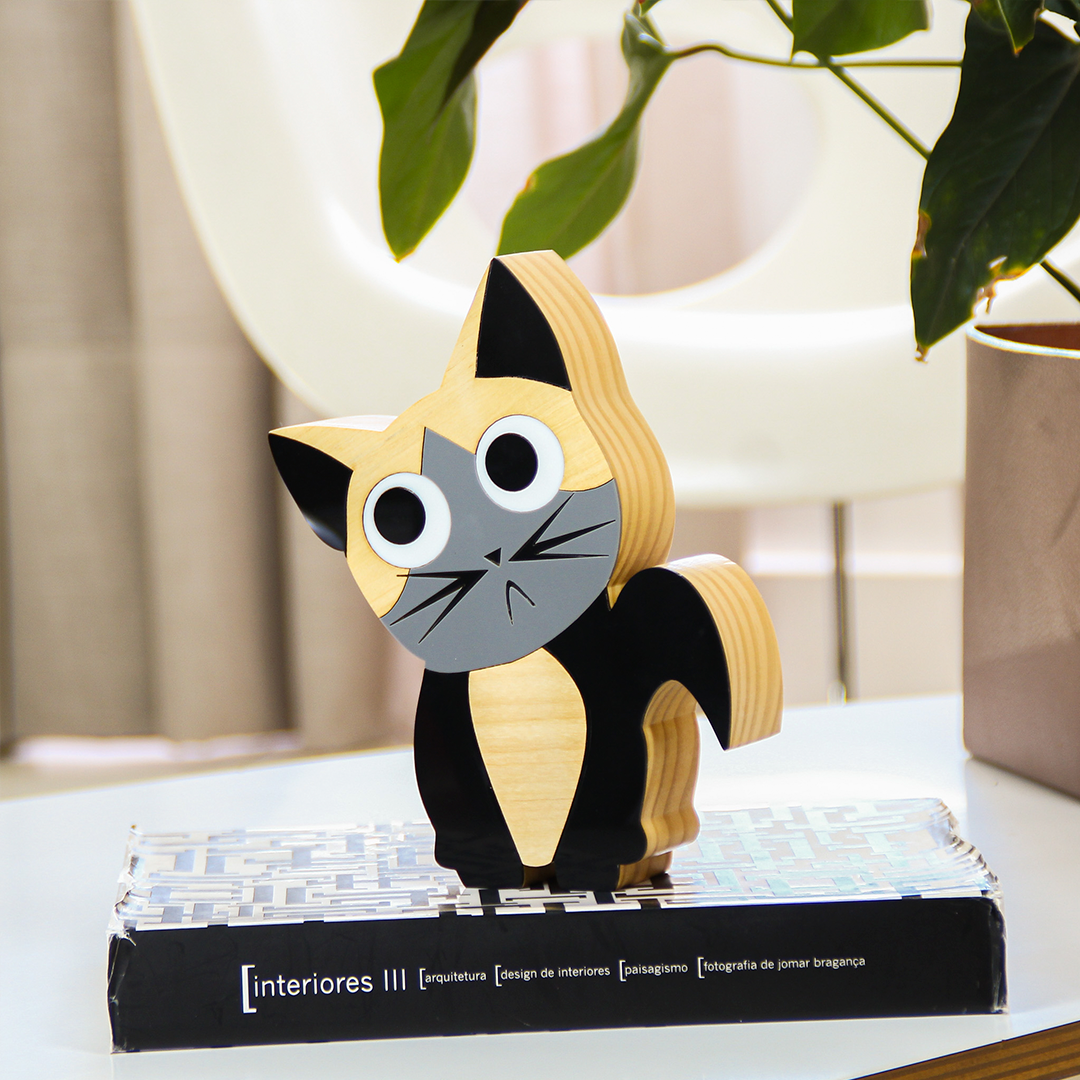 Wooden Sculpture Black Begging Cat Patricia Maranhão