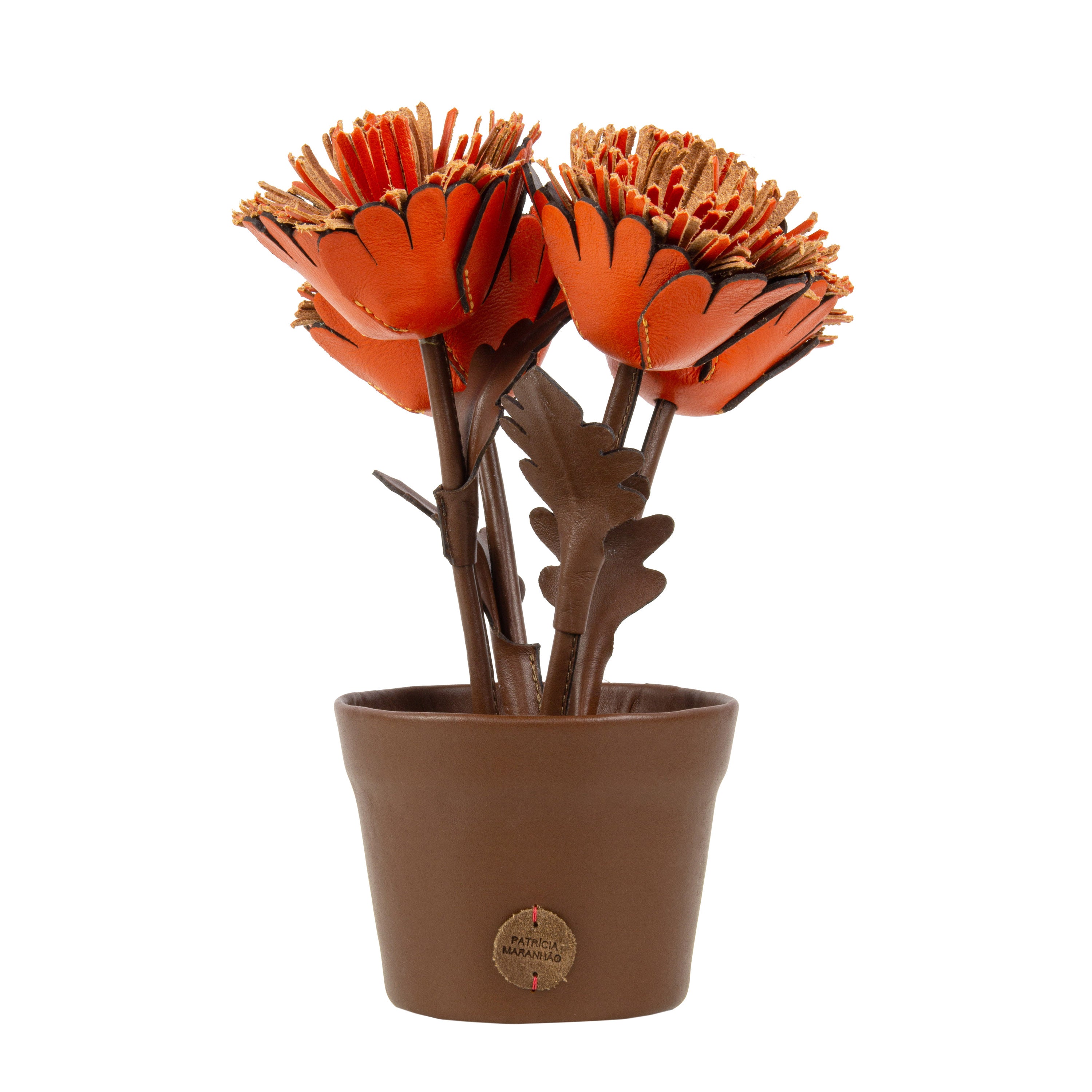 Vaso de Planta Gérbera Laranja em Couro Patrícia Maranhão
