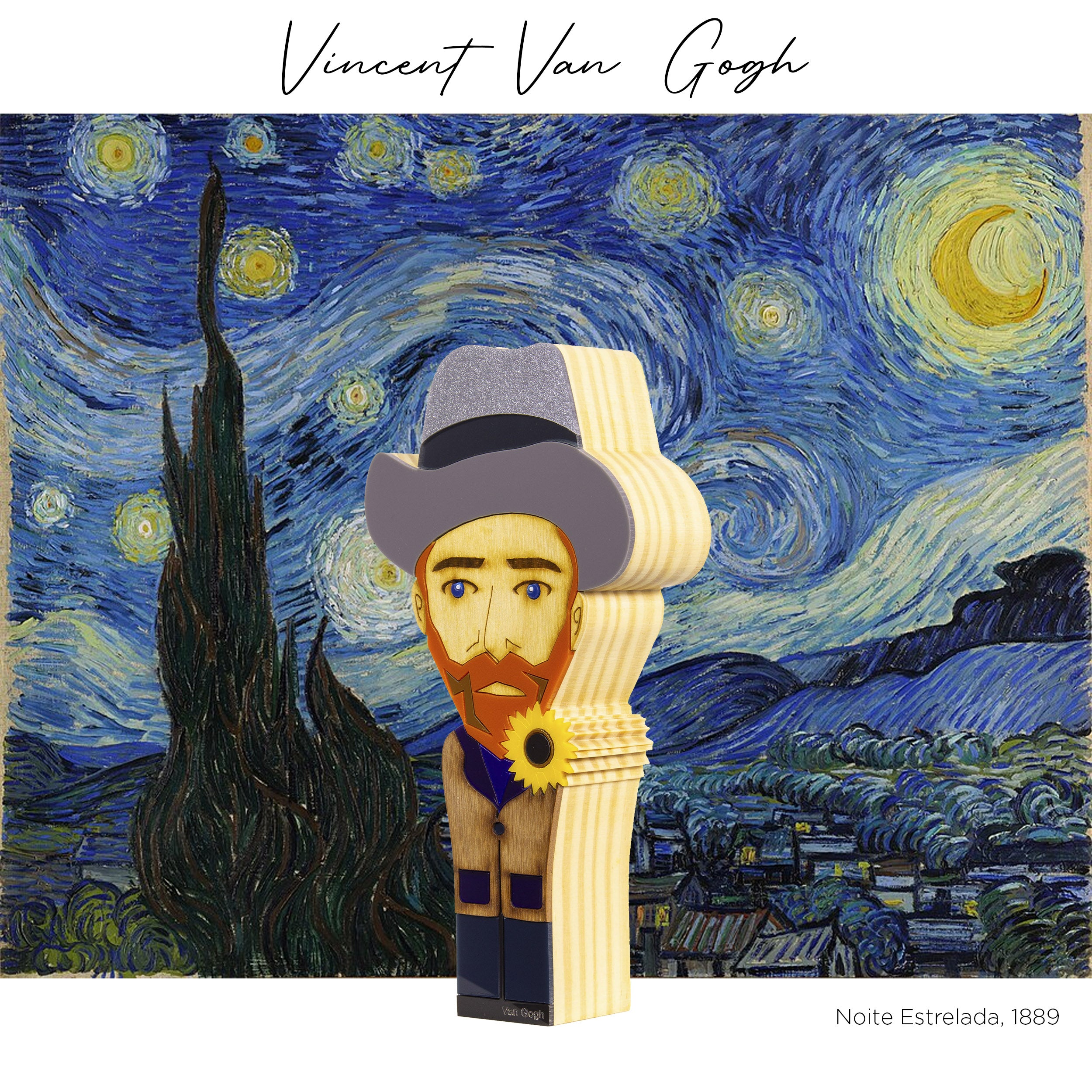 Kokeshi Escultura de Madeira Vincent Van Gogh