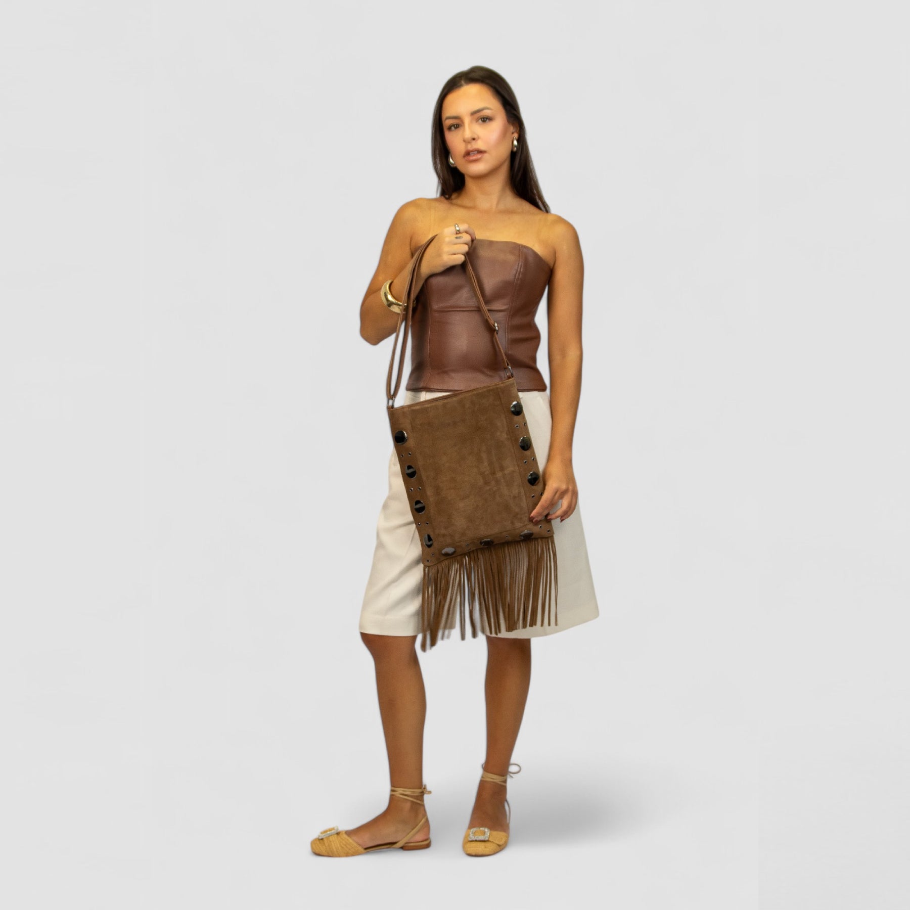 James Boho Crossbody Bag in Genuine Mocha Mousse Leather with Fringe by Patrícia Maranhão