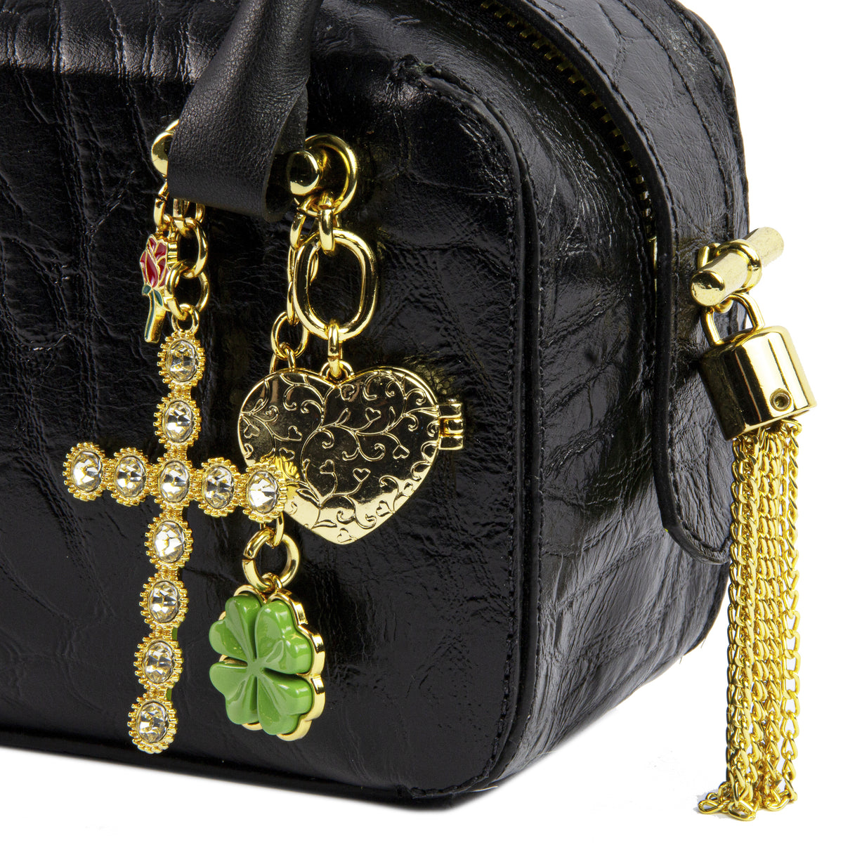 Gisele Tunisia Clutch Bag Black and Lime Cross and Heart