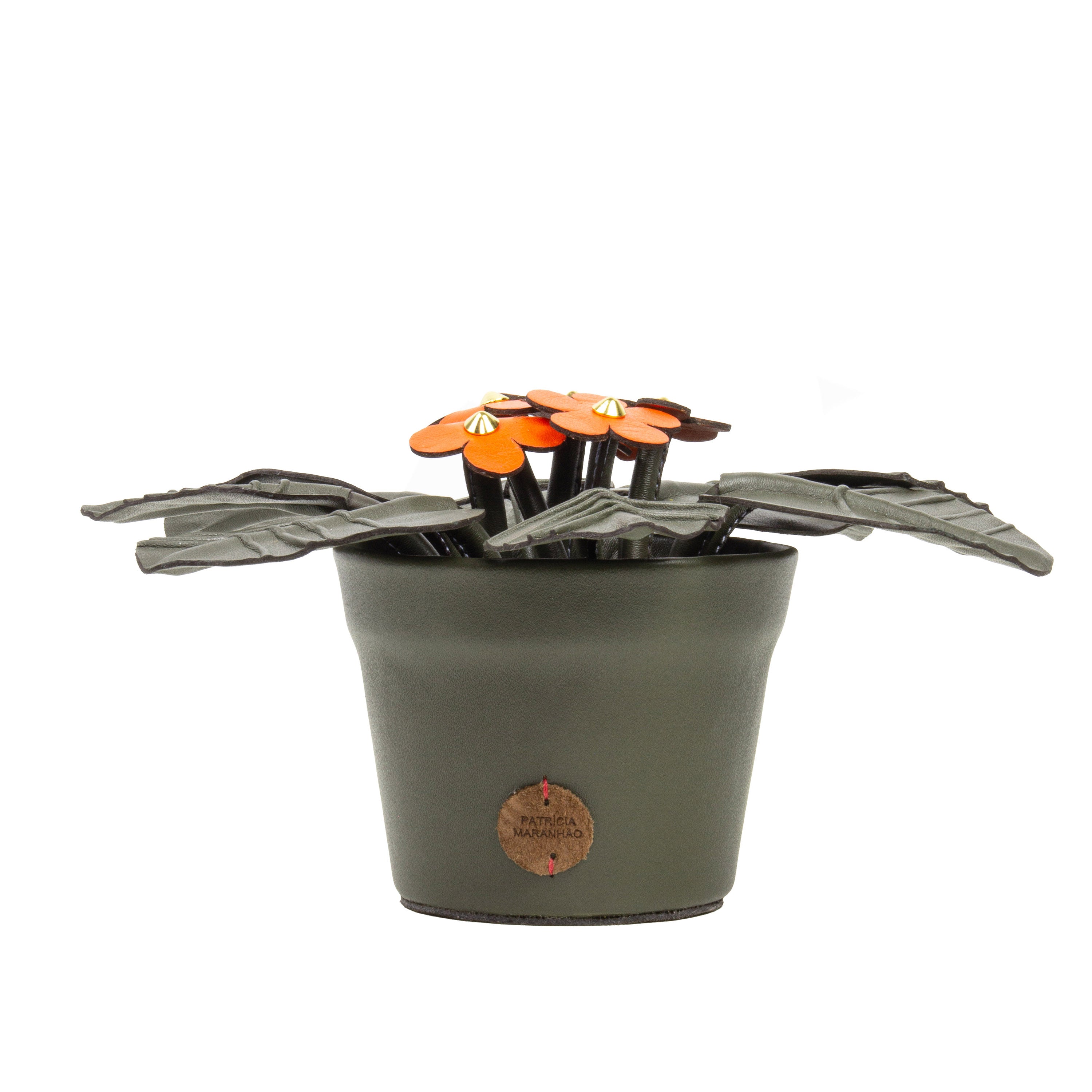 Vaso de Planta Violeta Laranja em Couro Patrícia Maranhão